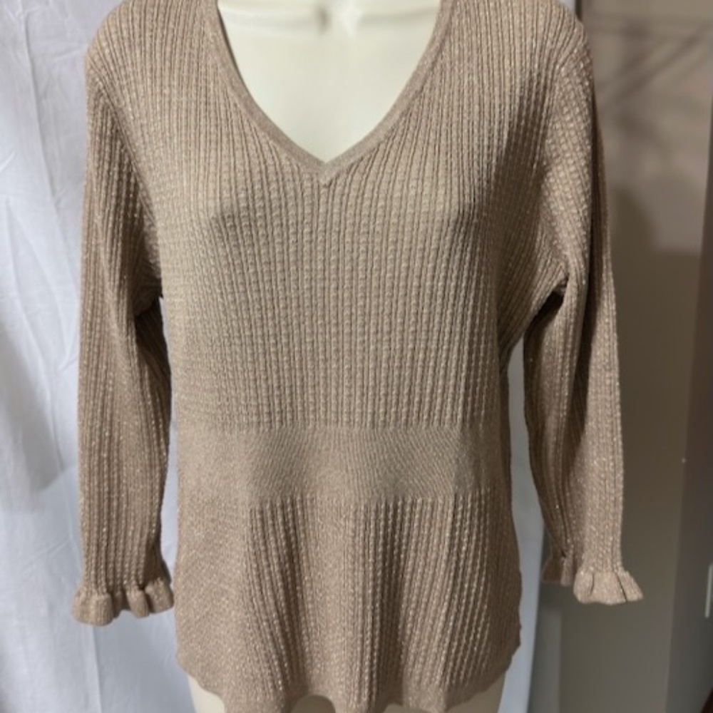 Melissa Paige Metallic Gold V Neck Sweater 3/4 Sleeves XL BRAND NEW w/TAGS
